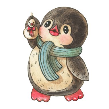 Beyaz arka planda izole edilmiş oyuncak kardan adamla komik bir penguen karikatürü. Suluboya ve mürekkeple çizim. 