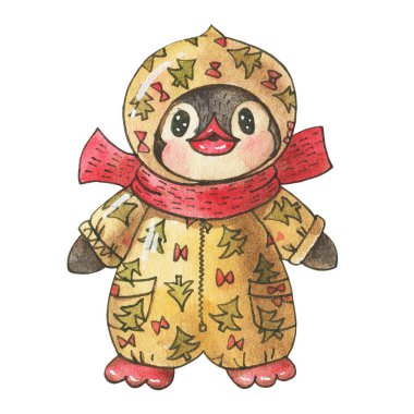 Sıcak tulumlu, beyaz arka planda izole komik penguen çizgi filmi çizimi. Suluboya ve mürekkeple çizim. 