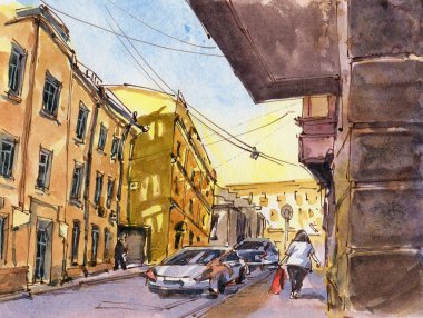 Şehir manzarası. Mürekkep ve suluboya. El çizimi illüstrasyon.