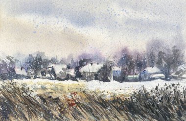 Kış manzarası. Suluboyalı bir eskiz. El çizimi illüstrasyon.