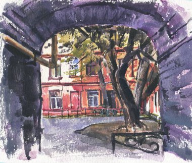 Şehir manzarası. Suluboyalı bir eskiz. El çizimi illüstrasyon.