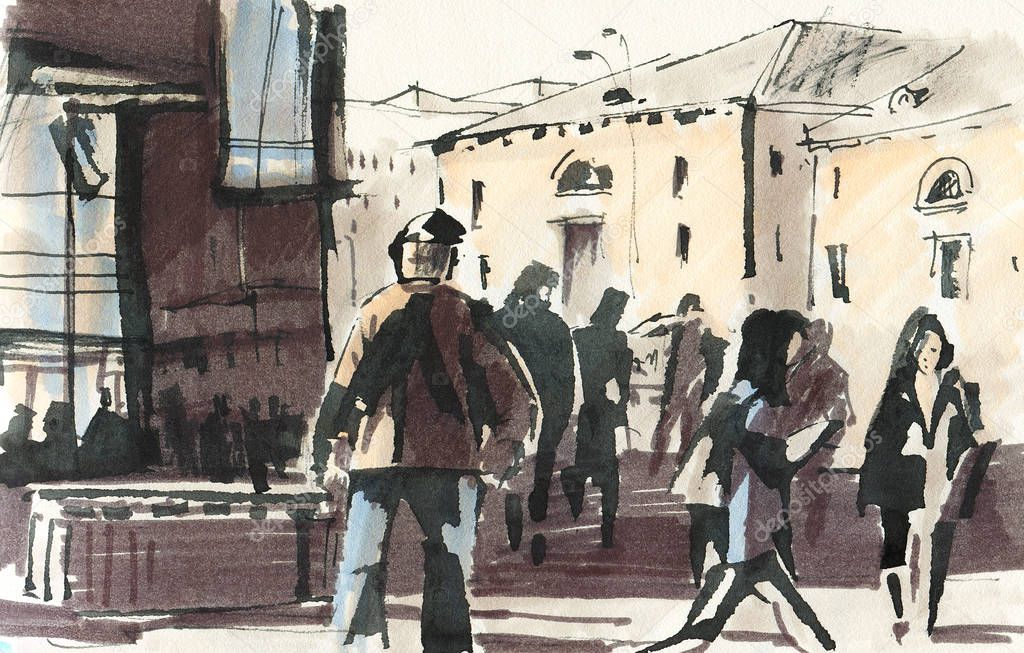 Urban sketch.  Street in the city centre. Drawing markers. Hand-drawn illustration. 