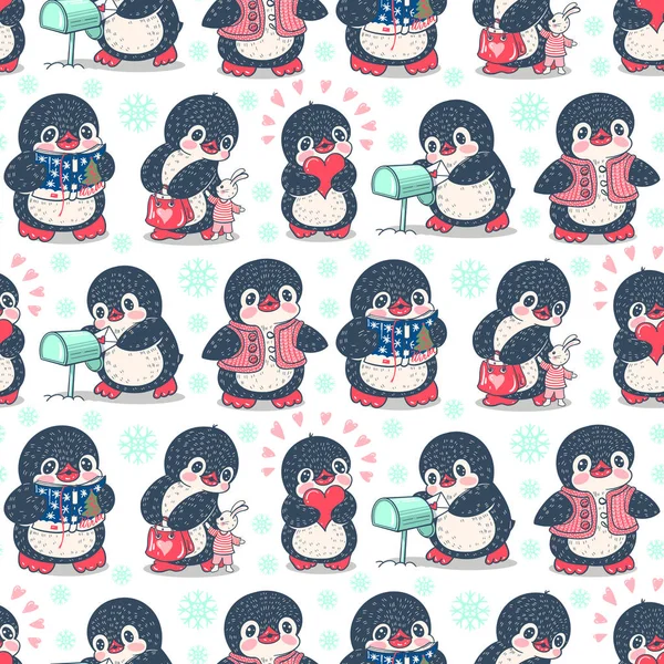 Seamless Pattern Cute Penguins Hand Drawn Illustration Vector — Stock Vector