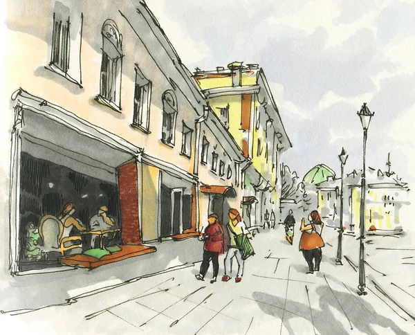 Urban sketch.  Street in the city centre. Drawing markers. Hand-drawn illustration.
