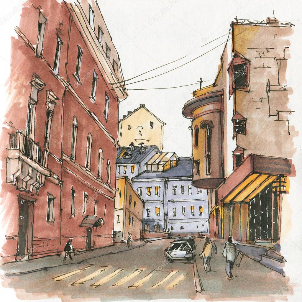 Urban sketch.  Street in the city centre. Drawing markers. Hand-drawn illustration. 