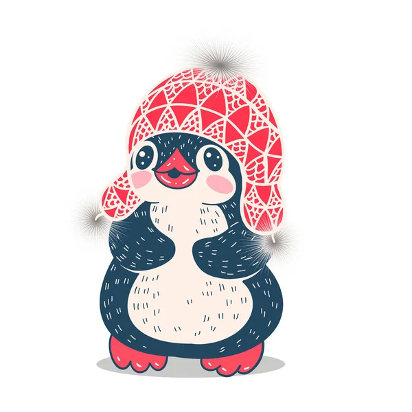 Winter Illustratie Met Grappige Cartoon Pinguïn Een Warme Hoed Vector — Stockvector