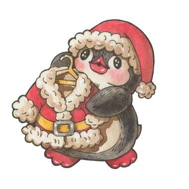 Kış illüstrasyon izole beyaz bir arka plan üzerinde komik karikatür penguen ile. Suluboya ve mürekkep çizim. 