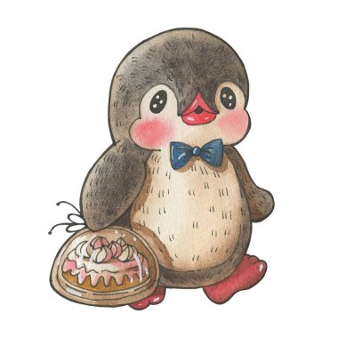 Kış illüstrasyon izole beyaz bir arka plan üzerinde komik karikatür penguen ile. Suluboya ve mürekkep çizim. 