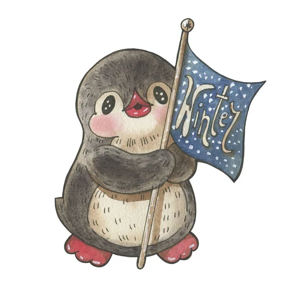 Ilustración Invierno Con Divertido Pingüino Dibujos Animados Aislado Sobre Fondo — Foto de Stock