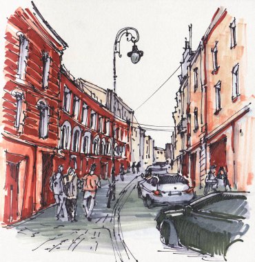 Şehir eskizi. Şehir merkezinde bir cadde. Çizim işaretleri. El çizimi illüstrasyon. 