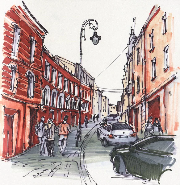 Stadsskiss Gatan Centrum Ritmarkörer Handritad Illustration — Stockfoto