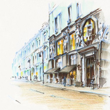 Şehir eskizi. Şehir merkezinde bir cadde. Çizim işaretleri. El çizimi illüstrasyon. 