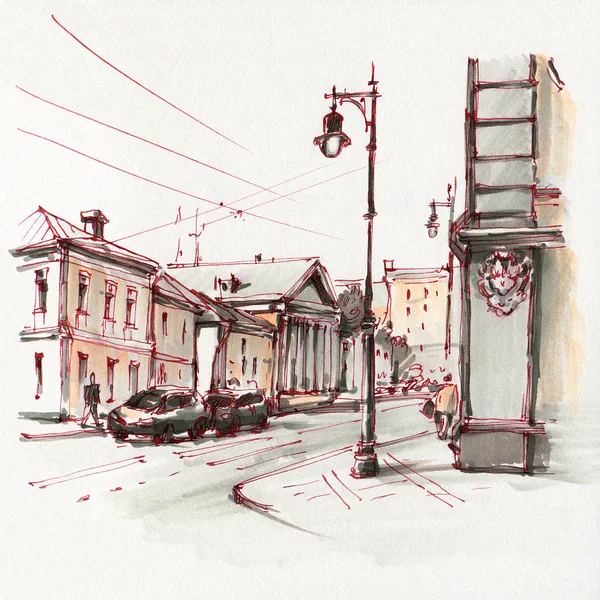 都市スケッチ 市内中心部の通り マーカーを描く 手描きイラスト — ストック写真