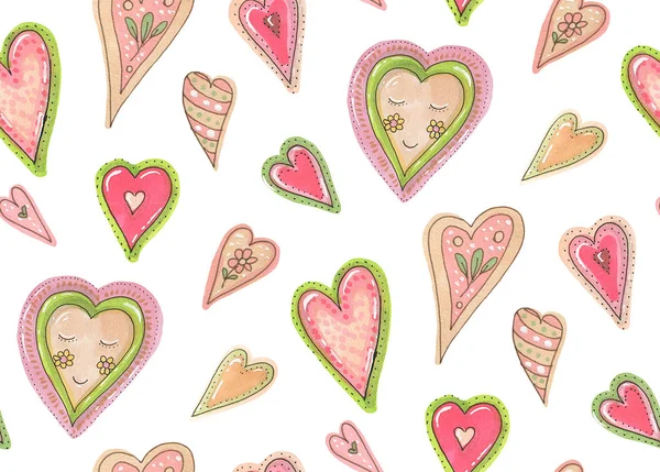 Seamless pattern with hearts in doodle style.  Hand-drawn illustration.
