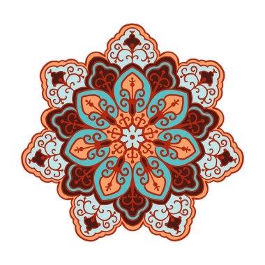 Beyaz arkaplanda çok renkli mandala izole edilmiş. Elle çizilmiş illüstrasyon. Vektör.