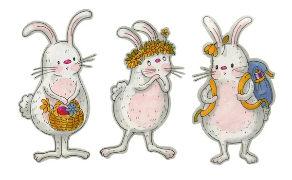 Cute Easter Bunnies Isolado Fundo Branco Marcadores Desenho — Fotografia de Stock