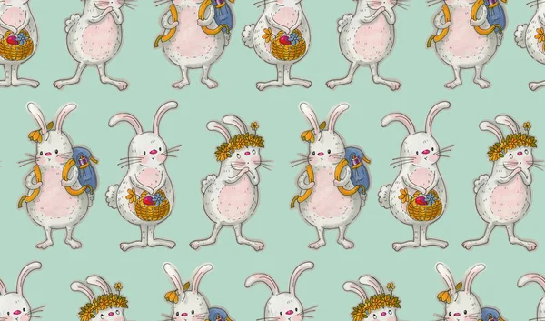 Seamless Pattern Cute Easter Bunnies Drawing Markers — Stock Photo, Image
