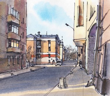 Şehir manzarası. Mürekkep ve suluboya. El çizimi illüstrasyon.