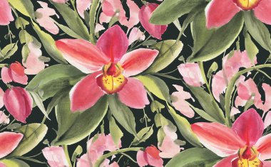 Dikişsiz desen suluboya çiçekli. Orkide. Resimde çizilmiş. 