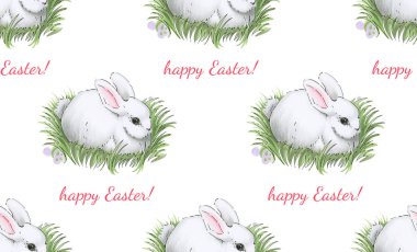 Paskalya Tavşanı 'nda kusursuz desen var. Kalemlerle çiziyorum. El çizimi illüstrasyon.