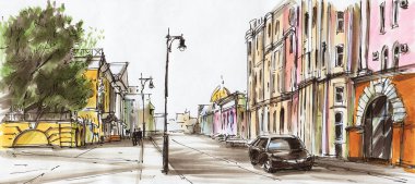 Şehir eskizi. Şehir merkezinde bir cadde. Çizim işaretleri. El çizimi illüstrasyon. 