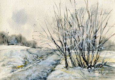 Kış manzarası. Suluboyalı bir eskiz. El çizimi illüstrasyon.