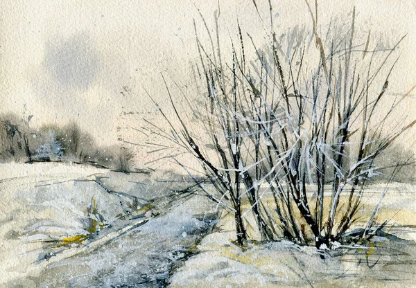 Téli Táj Egy Akvarelles Vázlat Kézzel Rajzolt Illusztráció — Stock Fotó