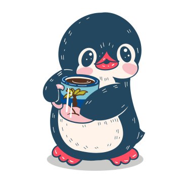 Winter illustration.  Funny cartoon penguin with a cup. Vector.