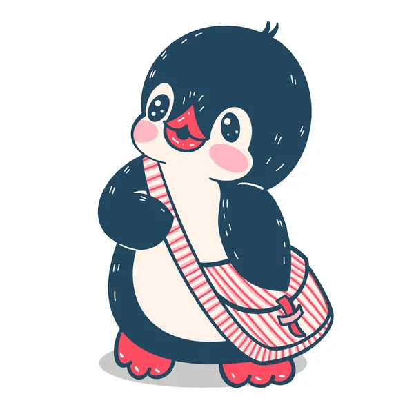 Ilustrasi Musim Dingin Penguin Kartun Lucu Dengan Tas Vektor - Stok Vektor