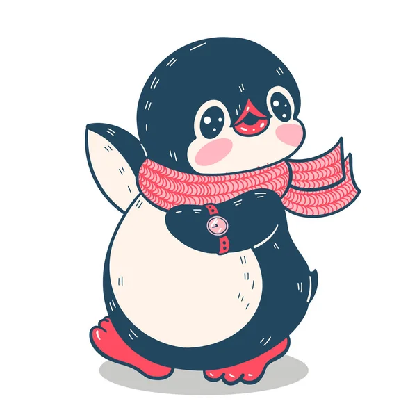 Winter Illustration Funny Cartoon Penguin Clock Vector — 图库矢量图片