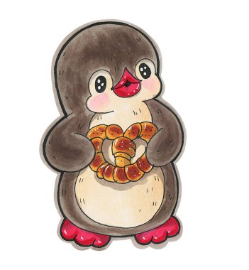 Winter illustration. Funny cartoon penguin with baking, isolated on a white background.  Drawing with  markers .