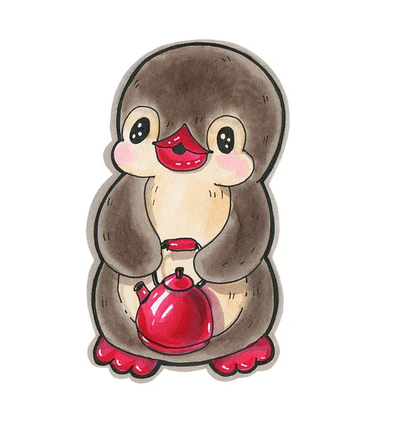 Winter illustration. Funny cartoon penguin with a kettle, isolated on a white background.  Drawing with  markers .