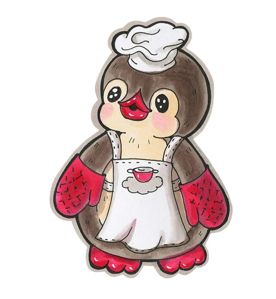 Winter illustration. Funny cartoon penguin-cook in an apron, isolated on a white background.  Drawing with  markers .