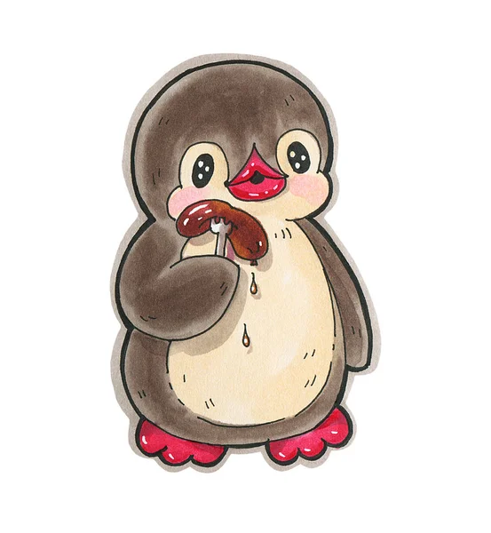 Зимняя Иллюстрация Смешной Мультяшный Пингвин Колбасой Изолированный Белом Фоне Рисунок — стоковое фото