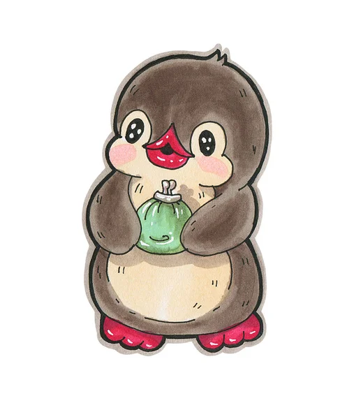 Winter illustration. Funny cartoon penguin with a wallet, isolated on a white background.  Drawing with  markers .