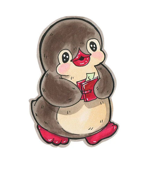 Ilustración Invierno Divertido Pingüino Dibujos Animados Con Una Billetera Aislado —  Fotos de Stock