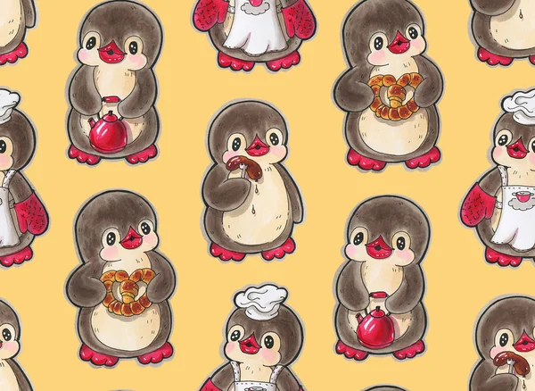 Padrão Sem Costura Com Pinguins Bonitos Desenho Desenhado Mão Com — Fotografia de Stock