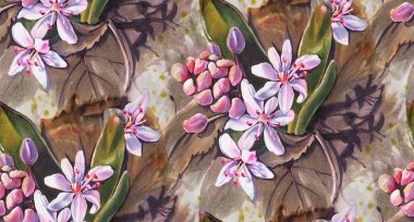 Seamless pattern with spring  flowers.    Drawing with markers Pink snowdrops.  Hand-drawn illustration. 