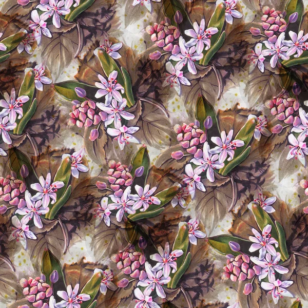 Seamless pattern with spring  flowers.    Drawing with markers Pink snowdrops.  Hand-drawn illustration.