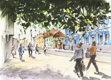 Şehir eskizi. Şehir merkezinde bir cadde. Çizim işaretleri. El çizimi illüstrasyon. 