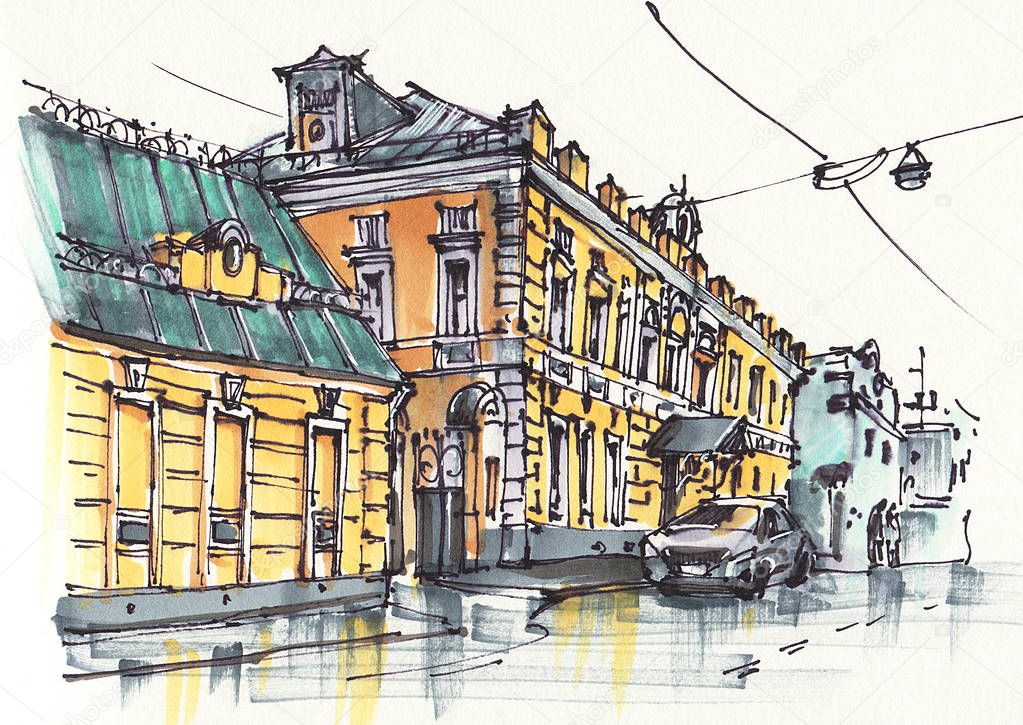 Urban sketch.  Street in the city centre. Drawing markers. Hand-drawn illustration. 