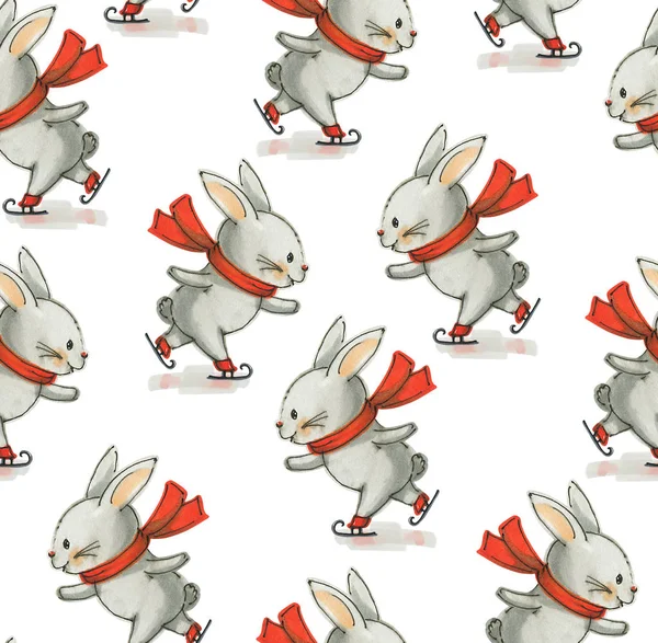 Seamless Pattern Funny Cartoon Bunnies Skates Drawing Markers Ink Hand — Stock Photo, Image