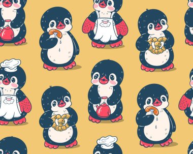 Şirin penguenlerle kusursuz desen. El çizimi. Vektör.