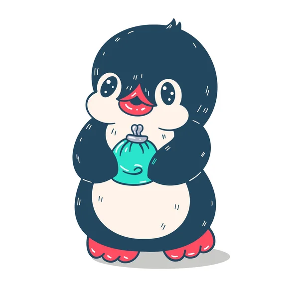 Ilustração Inverno Pinguim Desenho Animado Engraçado Com Uma Carteira Isolado — Vetor de Stock