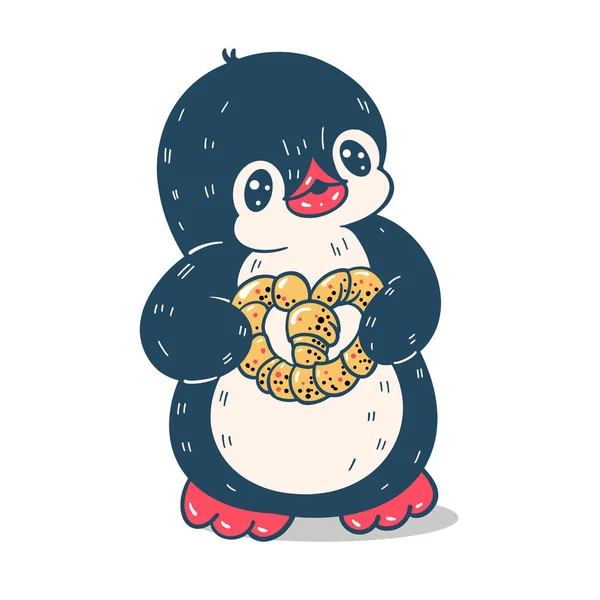 Téli Illusztráció Vicces Rajzfilm Pingvin Sütés Elszigetelt Fehér Háttérrel Vektor — Stock Vector