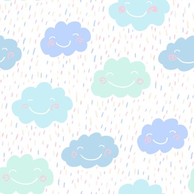 Mavi bulutlu ve yağmurlu kusursuz desen. Vektör illüstrasyonu.