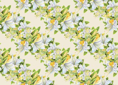 Suluboya çiçekli kusursuz desen. Beyaz rhododendronlar. El çizimi illüstrasyon. 