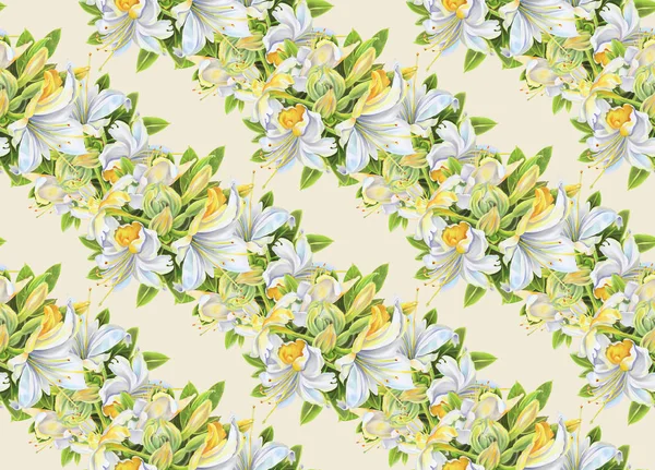 Płynny Wzór Akwarelowymi Kwiatami Białe Rododendrony Ilustracja Ręcznie Rysowana — Zdjęcie stockowe