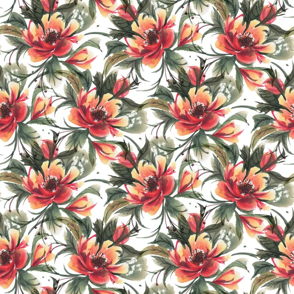 Seamless pattern with watercolor flowers. Hand-drawn illustration. 