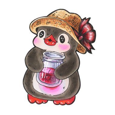 Reçel kavanozu olan sevimli bir penguen, beyaz arka planda izole edilmiş. İşaretleyicilerle çizim .